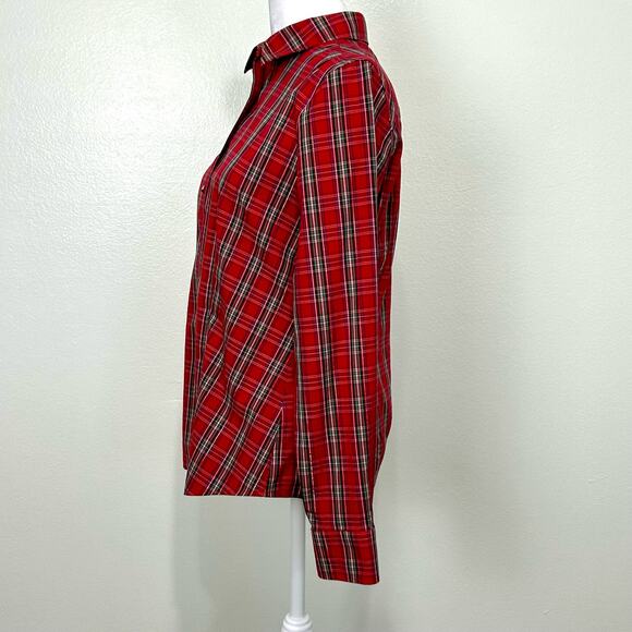 Talbots Plaid Non Iron Shirt 2 Womens Red Green Gold Button Down Christmas - Picture 7 of 14